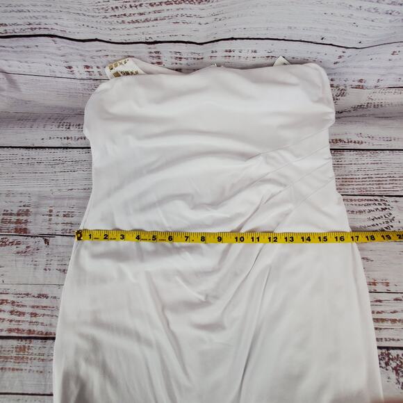 Cache White Ruched Shapely Mini Dress Size 12 Gold Geometric Studs Drape Fit NWT - Picture 13 of 14